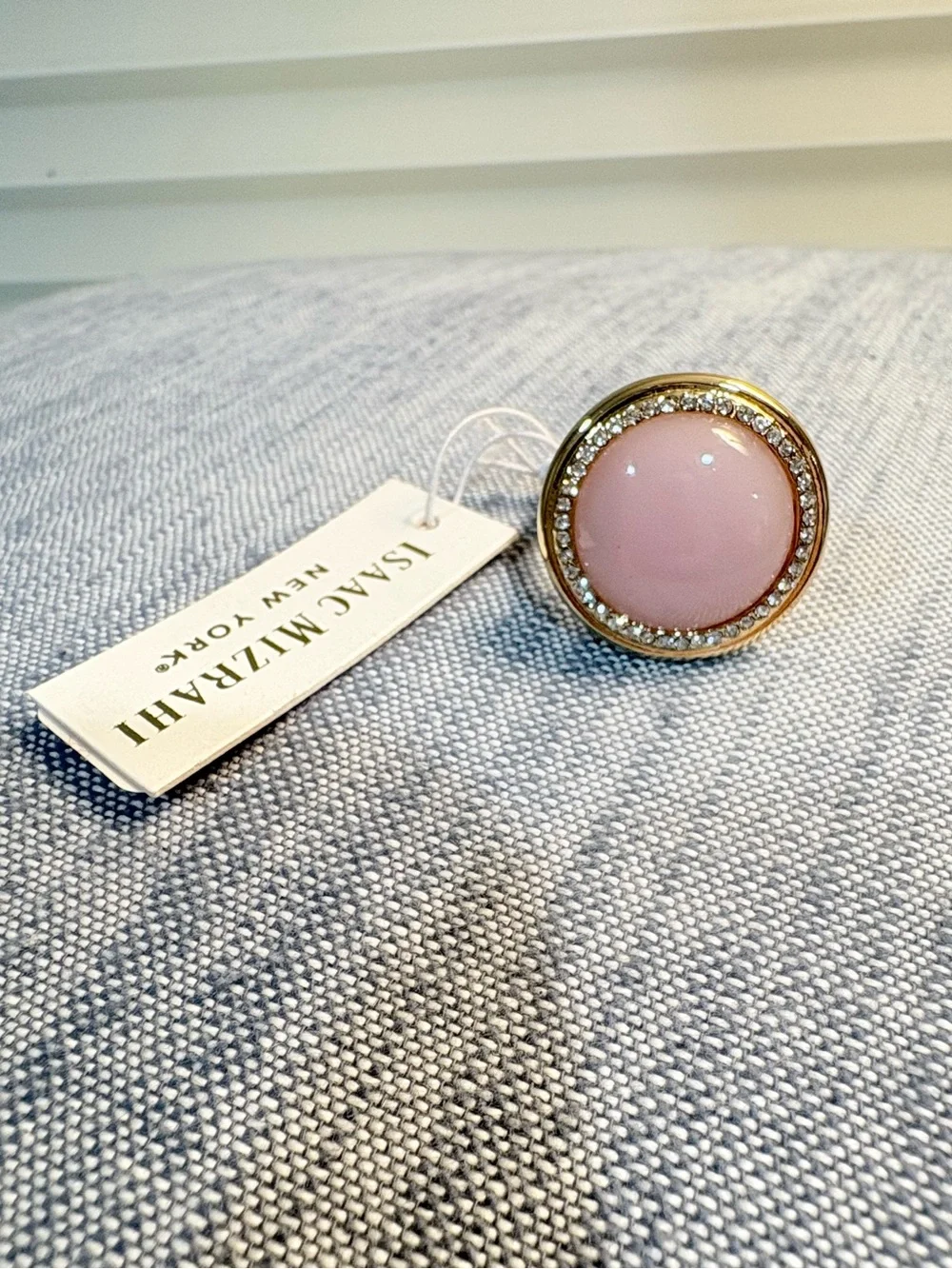Isaac Mizrahi Gold-Tone Pink Cabochon Ring with Crystal Halo